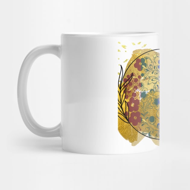 Multicoloured Floral motif mandala design illustration with gold paint splatter and confetti by Haze and Jovial